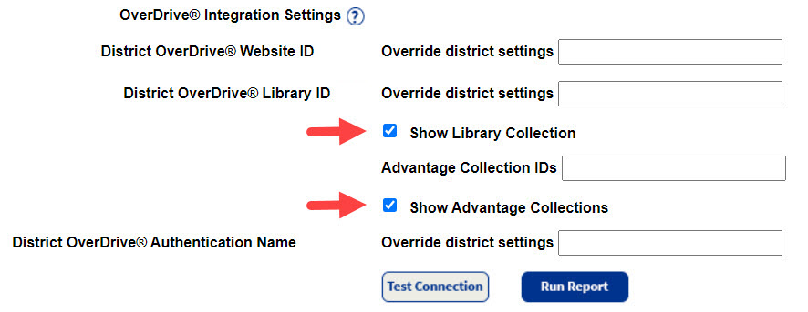 Site-level OverDrive integration settings with Show Library Collection and Show Advantage Collections options highlighted.