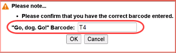 Barcode field highlighted in barcode confirmation pop-up window.