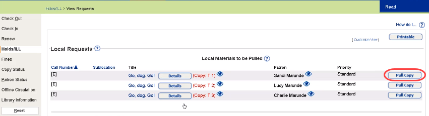 Pull copy button highlighted on View Requests page.