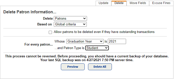 Update Patrons page Delete sub-tab global criteria